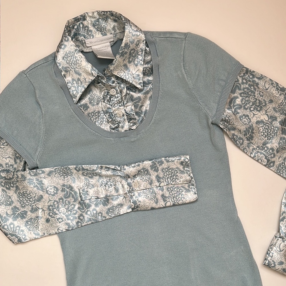 XS Vintage Y2K All-in-One Satin Blouse + Sweater Top Baby Blue & White